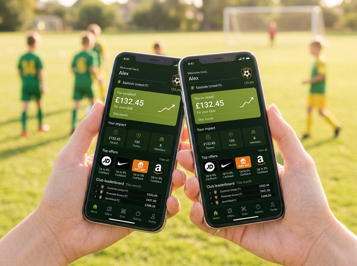 Hands holding phones with the Club Back app open beside the pitch