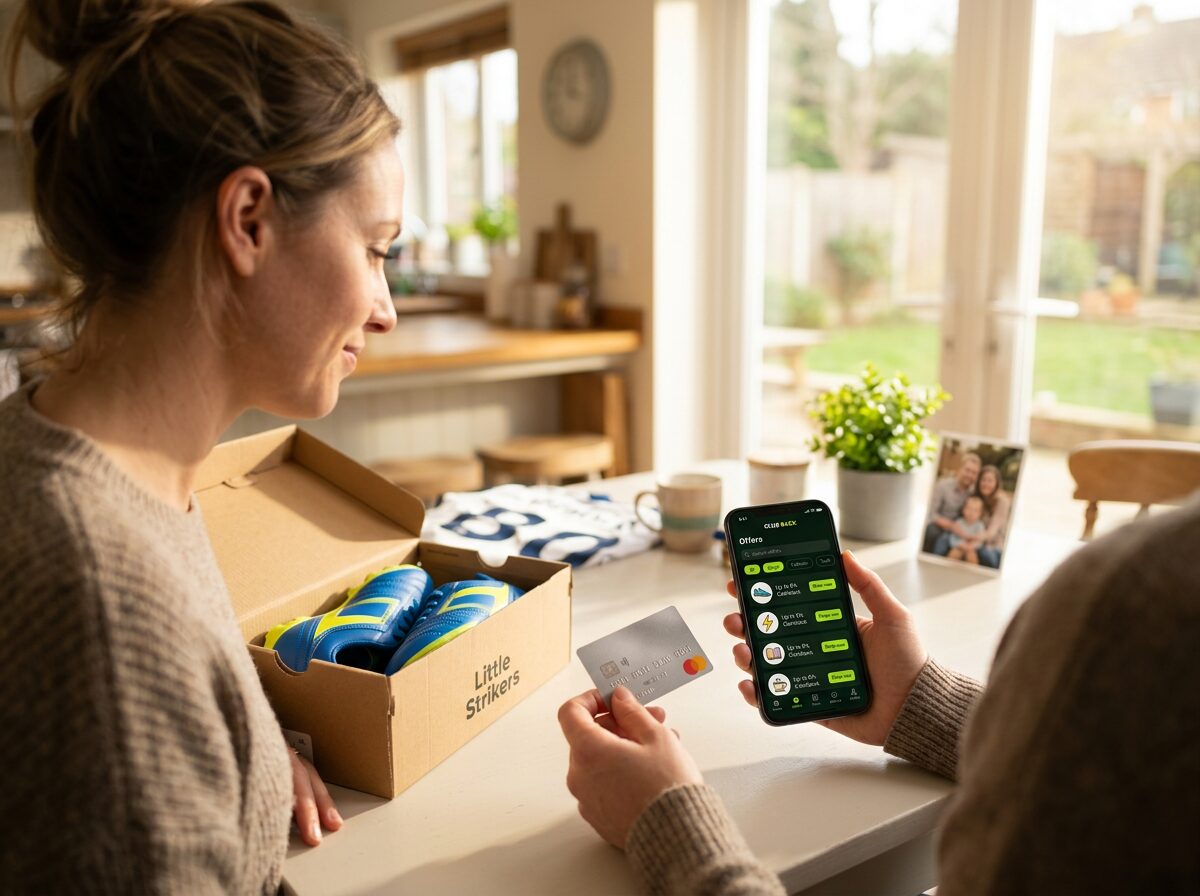 A parent at home buying new football boots in the app with a card