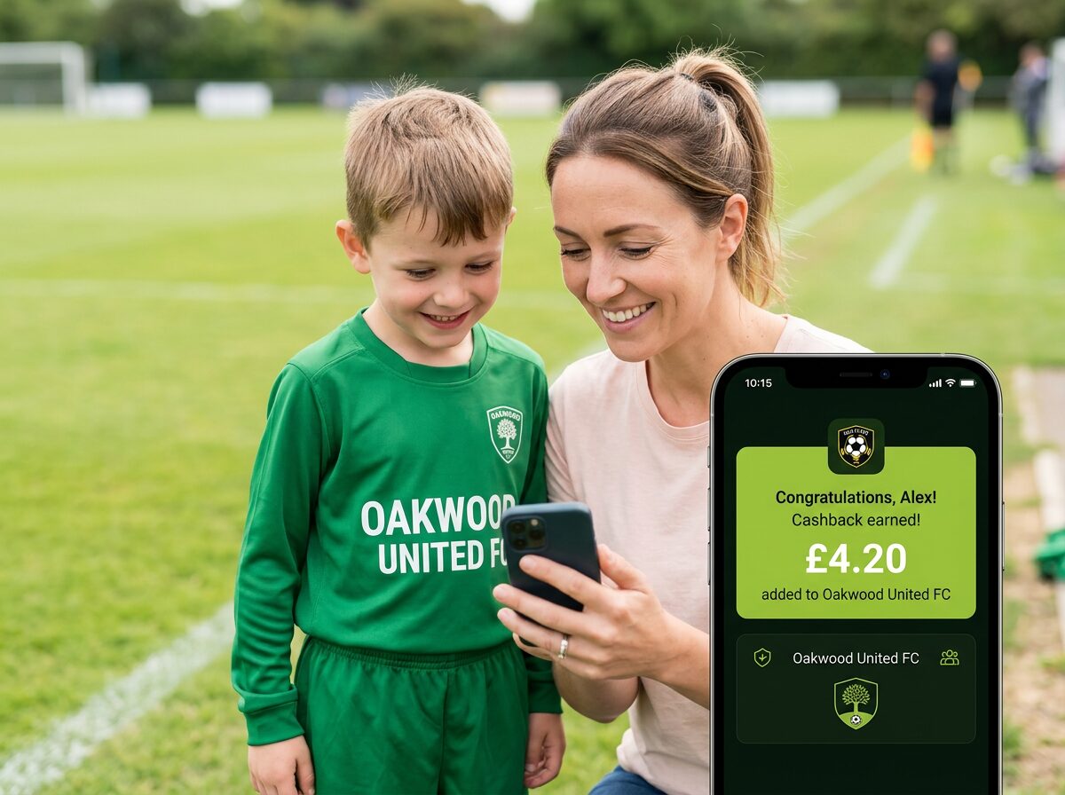 A mum and son watching cashback get added to their club in the app