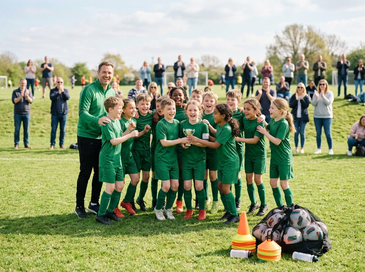 A youth team in new green kits celebrating with their coach and parents